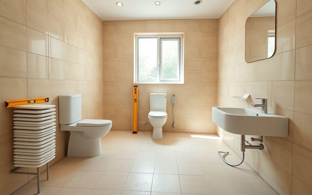 Bathroom remodel mid-progress with new tiling and fixtures