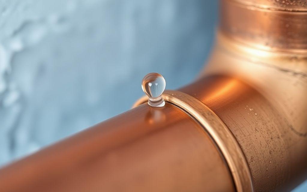 Close-up of a small water leak forming on a copper pipe joint