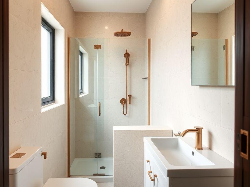 Renovated corner bathroom with terrazzo-style tiling