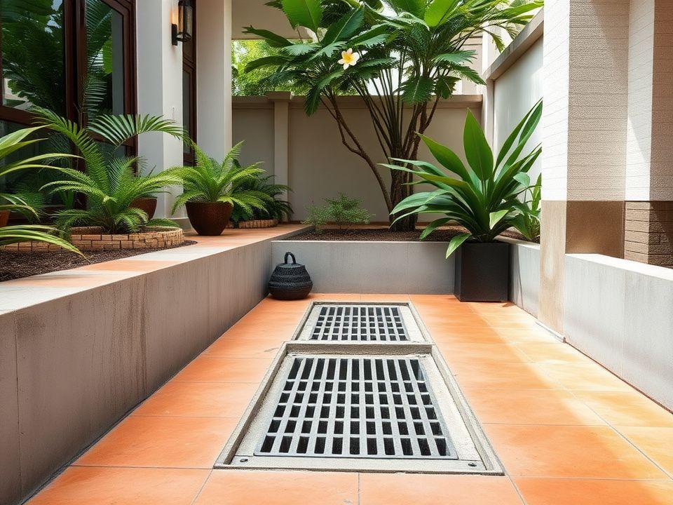 Outdoor drainage trench rebuilt around a tropical courtyard