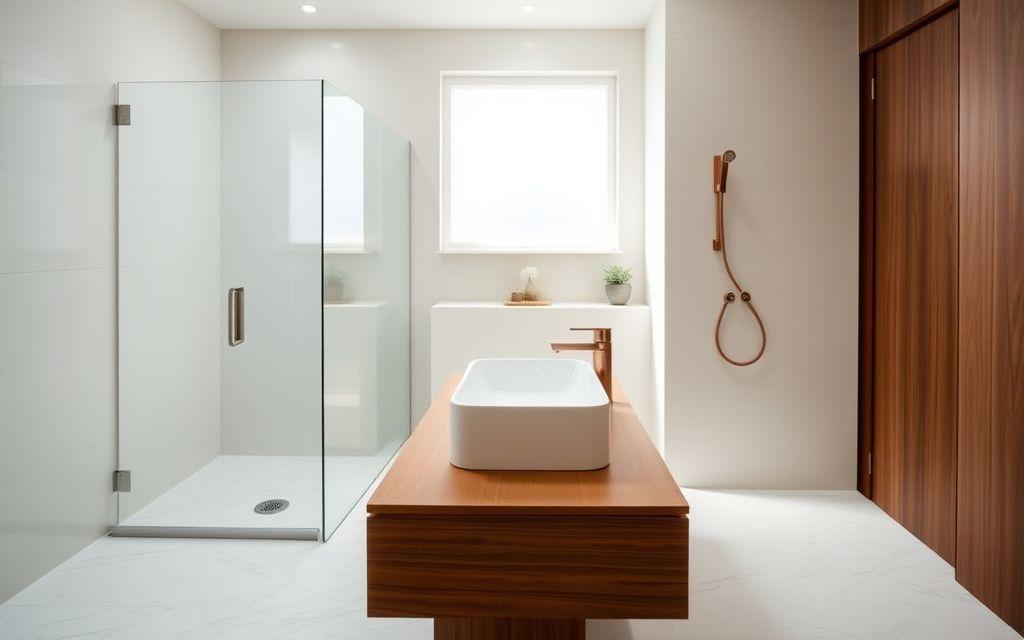 Newly tiled bathroom with a frameless shower screen