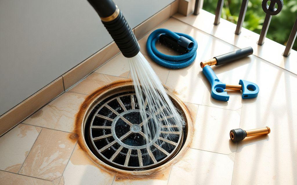 High-pressure hose entering a residential floor drain
