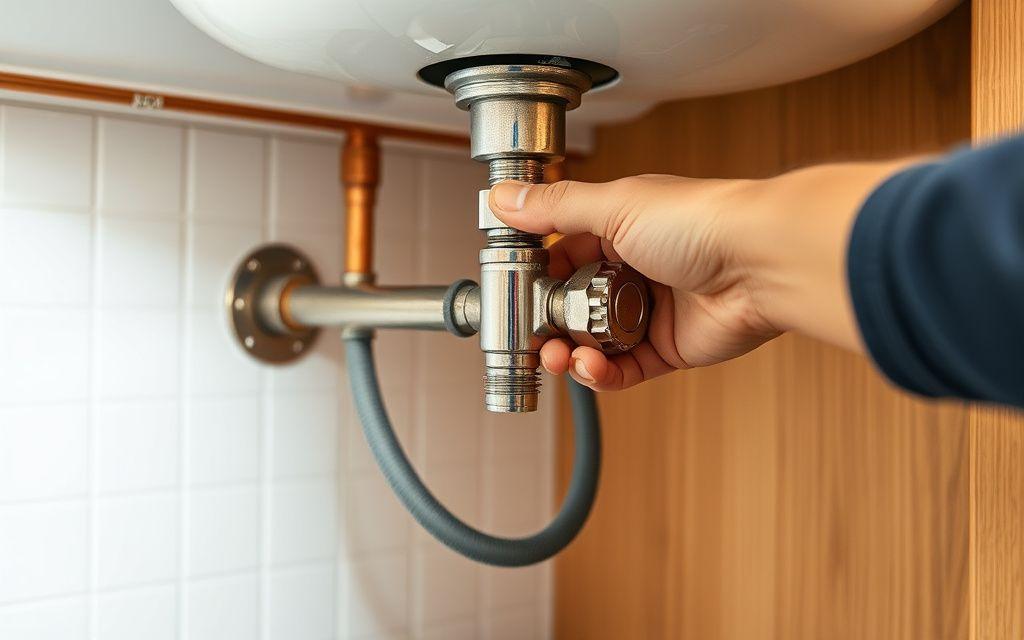 Plumber connecting a flexible supply line beneath a kitchen sink