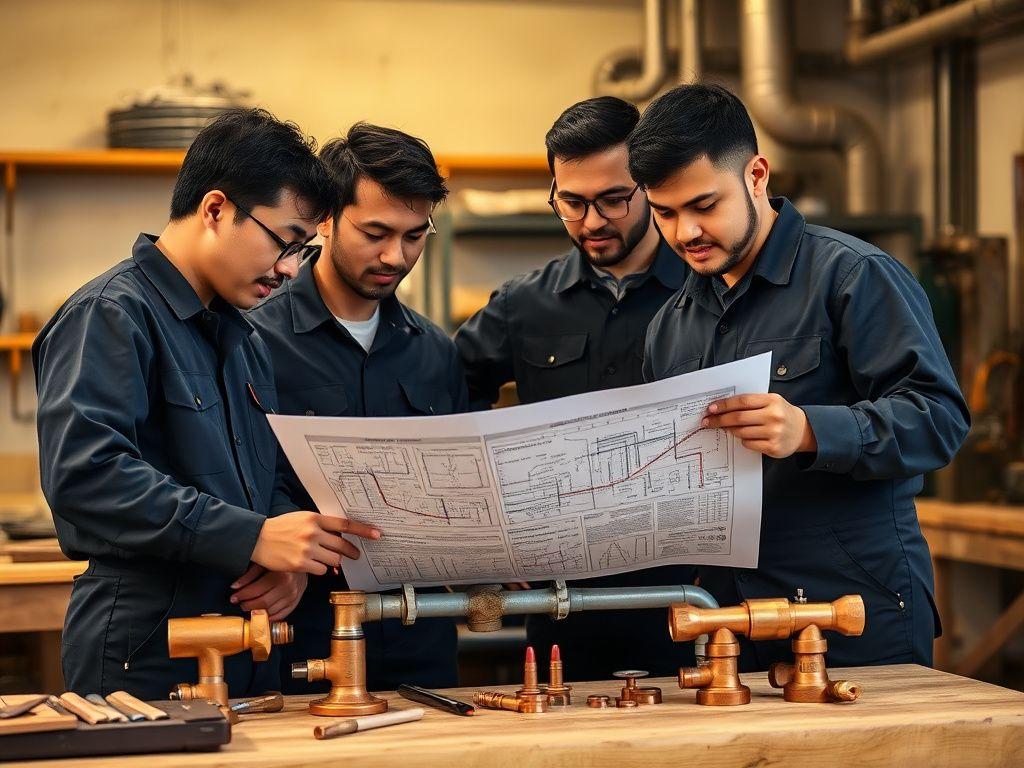 AquaShield technicians reviewing pipe schematics in the workshop
